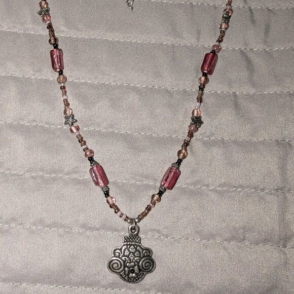 $1 with Bundle ~ Boho Beaded Necklace with Ornate Silver-Tone Pendant 4802 - Picture 1 of 4